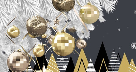 Image of snow falling over christmas decoration with baubles