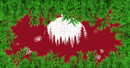 Image of snow falling over red christmas bauble and fir tree decoration