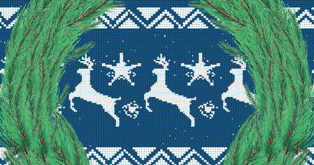 Image of snow falling over christmas wreath decoration on blue background