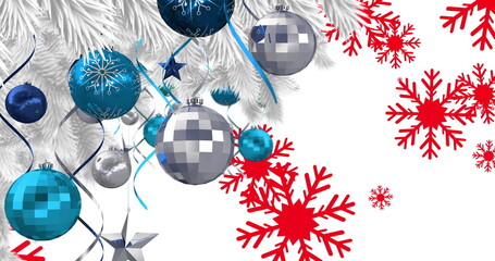Image of snow falling over christmas decoration with baubles