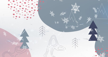 Image of snow falling over christmas trees and decorations