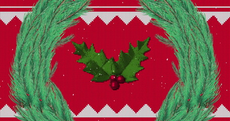 Image of snow falling over christmas decoration with fir tree wreath