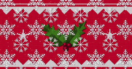 Image of snow falling over christmas decoration with holly