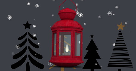 Image of snow falling over christmas decoration with lantern