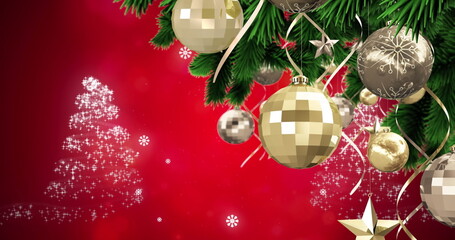 Image of snow falling over christmas decoration with baubles