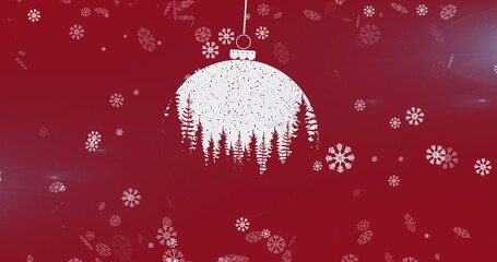 Snowflakes falling over christmas bauble decoration hanging against red background