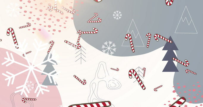 Naklejki Multiple candy cane icons and snowflakes falling against abstract shapes on grey background