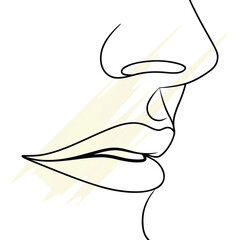 Minimalist line art a woman's lips nose with abstract yellow shapes vector