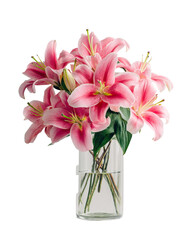 Stylish Bouquet of Pink Lilies in Clear Glass Vase on Transparent Background