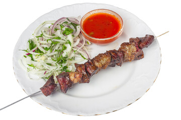Shashlik Kebab Skewer with Fresh Onion Salad and Spicy Sauce on White Plate isolated images