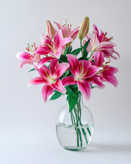 Stylish Bouquet of Pink Lilies in Clear Glass Vase on Transparent Background