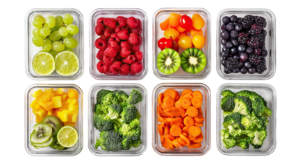 Surreal Top-View Weekly Meal Planner with Food Containers in Grid Layout on Transparent Background