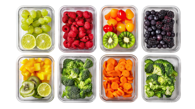 Surreal Top-View Weekly Meal Planner with Food Containers in Grid Layout on Transparent Background