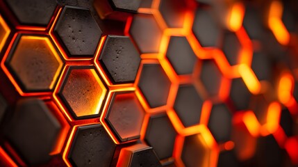 Glowing orange hexagons create a futuristic, textured abstract background.