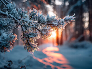 Frost-covered pine branch illuminated by golden light of sunset in a tranquil snowy forest with a softly glowing path winding through the trees at dusk
