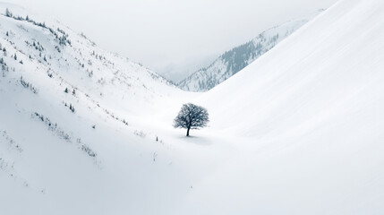 Tilted Wide-Angle Aerial View of a Lone Winter Tree in Snow on Transparent Background