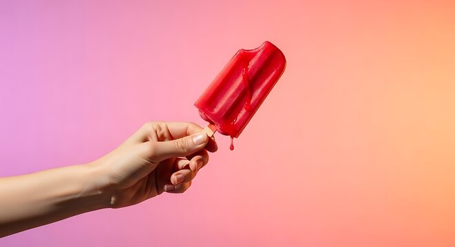 Refreshing red popsicle held in hand with colorful background studio shot