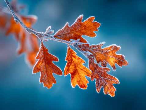 Frost-covered autumn oak leaves glowing with warm tones against a soft blue blurred background on a crisp winter morning branch scene - Powered by Adobe