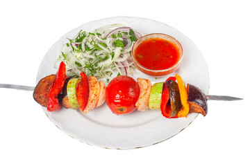 Colorful Kebab Skewer with Grilled Vegetables and Dipping Sauce Isolated Image