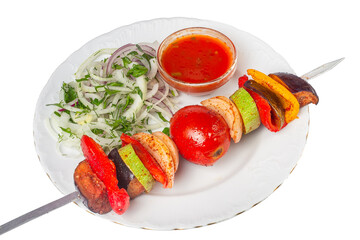 Colorful Kebab Skewer with Grilled Vegetables and Dipping Sauce Isolated Image