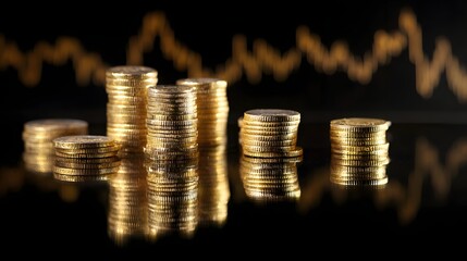 Stacks of gold coins reflect on a dark surface with a blurry financial graph.