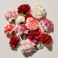 Top View of Mixed Carnations in Red, White, and Pink Shades on Transparent Background