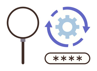 Magnifying glass, gear with arrows, and password field represent search, workflow automation, cybersecurity, and encryption. Ideal for analytics, data privacy, digital tools and system optimization