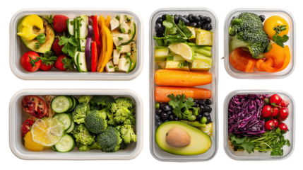 Top View of Surreal Organized Meal Prep Containers with Colorful Food on Transparent Background