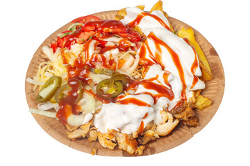 Loaded Doner Kebab Plate with French Fries and Sauces Isolated Image