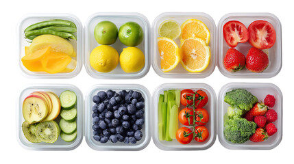 Top View of Surreal Organized Meal Prep Containers with Colorful Food on Transparent Background