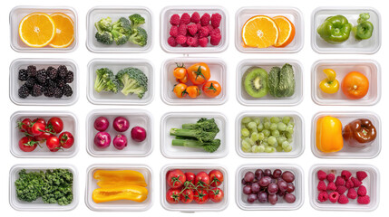 Top View of Surreal Organized Meal Prep Containers with Colorful Food on Transparent Background