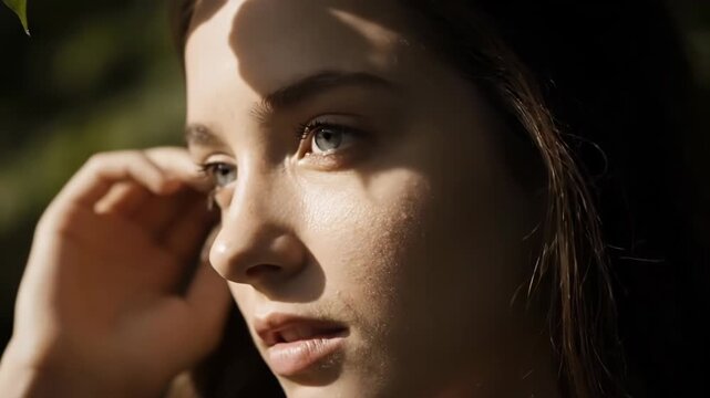 Close up profile of a young womans face with sunlight casting shadows, her hand touching her hair, looking thoughtful vector illustration