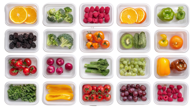Top View of Surreal Organized Meal Prep Containers with Colorful Food on Transparent Background