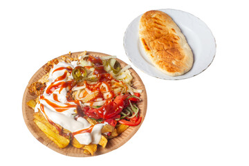 Loaded Doner Kebab Plate with French Fries and Grilled Pita Bread Isolated Image