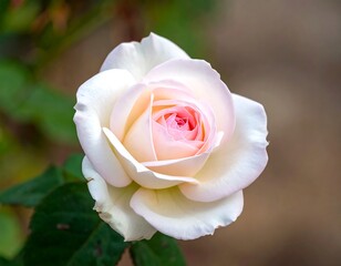 A fully bloomed, delicate, pale pink and white rose, in close-up view