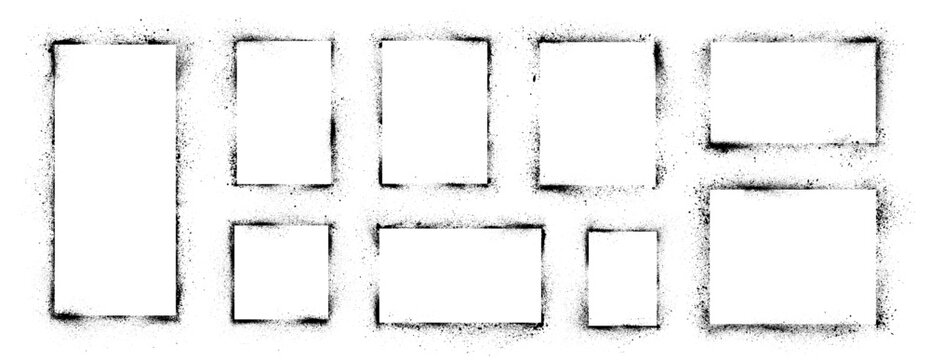 Spray stencil frame collection. Vector graffiti grunge frame with aerosol texture. Airbrush ink dot rectangles and squares. Hand drawn black stencil geometric shapes. Texture dirty design.