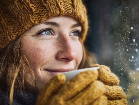 Woman dressed in warm knitted hat and gloves holding a cup while gazing outside a rain-covered window on a cozy chilly day