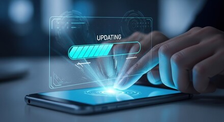 with holographic data analytics charts and hexagonal digital UI elements, futuristic workplace, glowing blue tech design