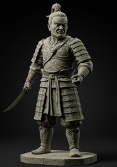Obraz premium Ancient Warrior Statue: A meticulously sculpted statue of a stern warrior stands in full battle attire, holding a blade, showcasing intricate detail and historical artistry. 