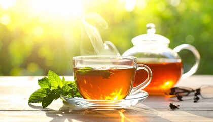 A warm cup of freshly brewed herbal tea on a wooden table, surrounded by mint leaves and a transparent teapot releasing gentle steam.