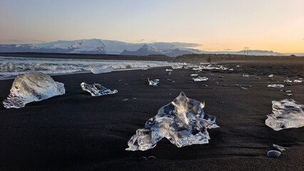 ice on the beach, diamond beach, Iceland, midnight sun