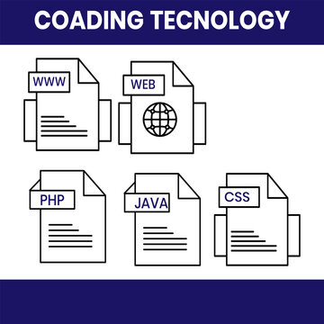 Set of icons representing web development technologies and coding languages for internet projects