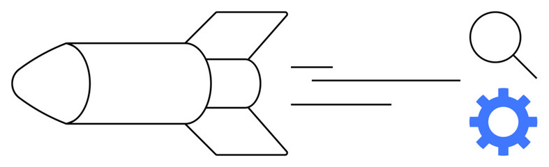 Rocket moving with motion lines, magnifying glass for research, and gear for efficiency. Ideal for progress, innovation, development, exploration, technology research startup growth. Simple flat