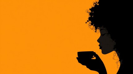 silhouette side view of a woman in  thick afro sipping on coffee