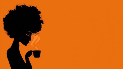 silhouette side view of a woman in  thick afro sipping on coffee
