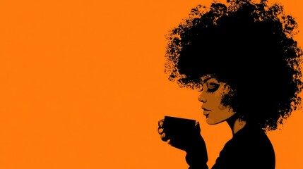 silhouette side view of a woman in  thick afro sipping on coffee