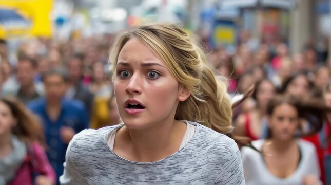 Blonde young woman running away in panic. 
