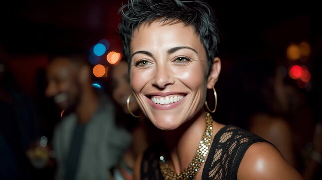 Smiling happy short haired attractive mature woman flirting at a night club looking at the camera	
