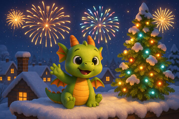 Cute baby dragon enjoying festive fireworks display near decorated christmas tree in winter wonderland illustration. concept of holiday magic, festive celebration, joyful atmosphere