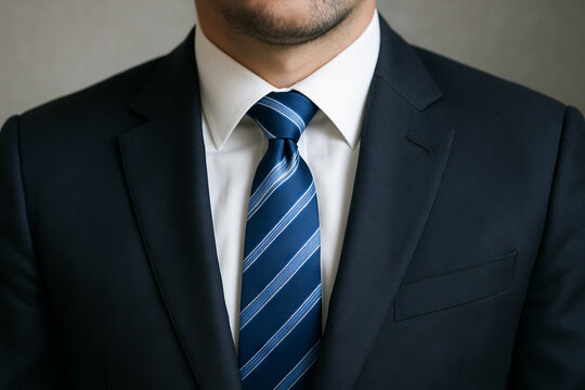 Close-up of businessman in formal attire with blue striped tie abstracting professionalism and success in corporate environment. concept of leadership, business, confidence